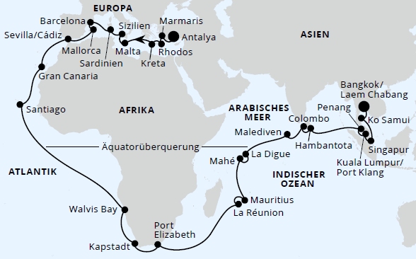 Weltenbummler Mittelmeer, Afrika & Indischer Ozean, AIDAstella vom 22.10.2026 bis 21.12.2026
