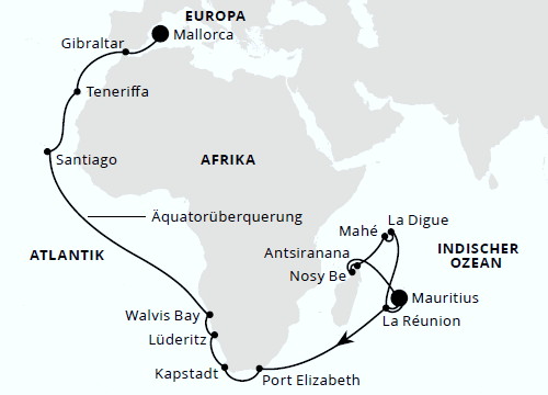AIDAstella - Weltenbummler von Mauritius nach Mallorca, AIDAstella vom 18.02.2026 bis 31.03.2026