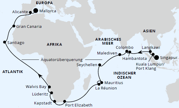 Weltenbummler von Singapur nach Mallorca, AIDAstella vom 27.04.2027 bis 10.06.2027