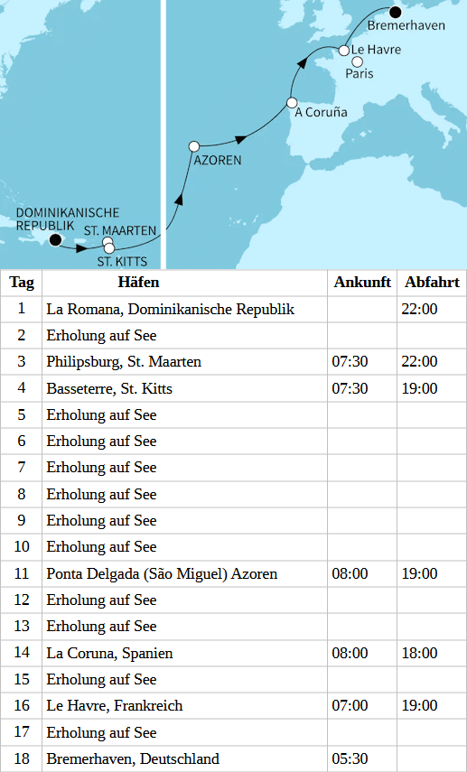 Mein Schiff 1 vom 05.04.2028 bis 22.04.2028, TUI Cruises - Transatlantik