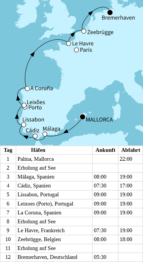Europas Westk&uuml;ste, Mein Schiff 2 vom 20.10.2027 bis 31.10.2027