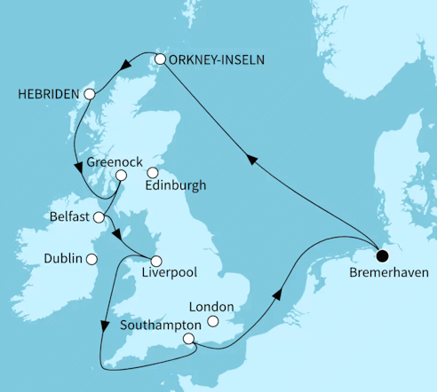 Gro&szlig;britanniens Sch&auml;tze, Mein Schiff 2 vom 16.05.2027 bis 27.05.2027