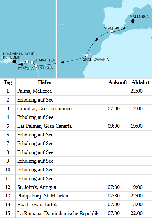 Transatlantik, Mein Schiff 3 vom 22.10.2027 bis 05.11.2027