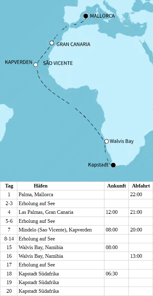 Transozean, Mein Schiff 5 vom 05.11.2027 bis 24.11.2027