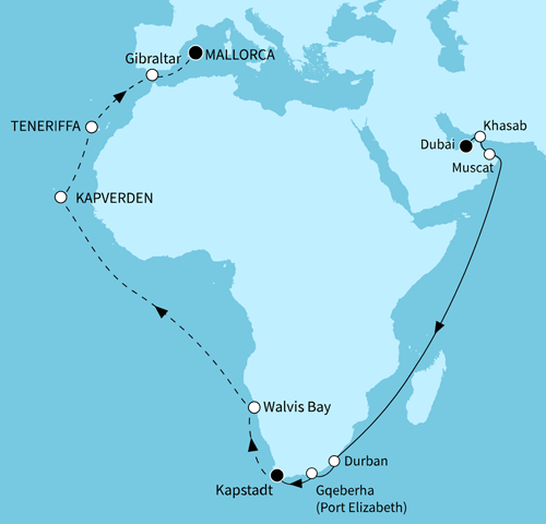 Weltentdecker-Route ab Dubai bis Palma, Mein Schiff 5 vom 12.03.2026 bis 17.04.2026