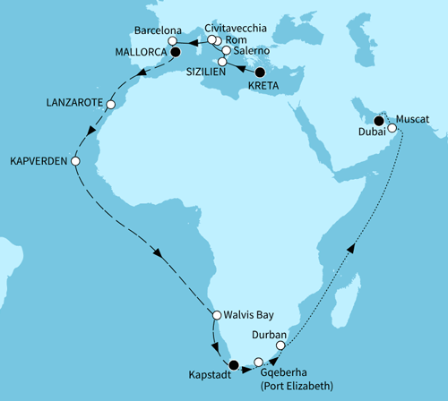 Weltentdecker-Route - ab Heraklion bis Dubai, Mein Schiff 5 vom 07.11.2025 bis 18.12.2025