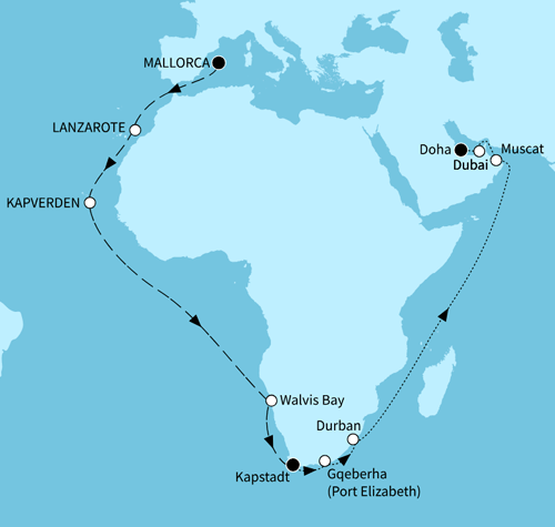 Weltentdecker-Route - ab Palma bis Doha ab Palma de Mallorca bis Kapstadt, Mein Schiff 5 vom 14.11.2025 bis 20.12.2025