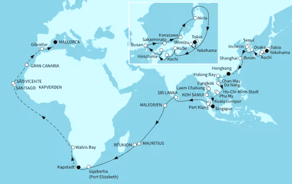 Mein Schiff 6 vom 13.04.2027 bis 08.07.2027, Gro&szlig;e Weltentdecker-Route - ab Tokio bis Palma