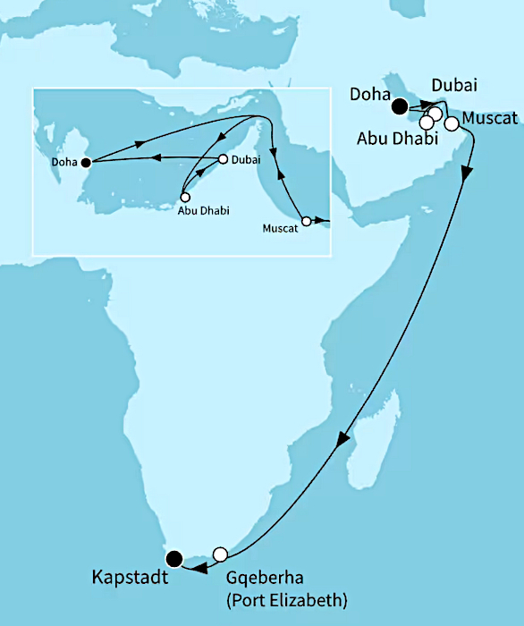 Auszeit zwischen den Kontinenten ab Doha bis Kapstadt, Mein Schiff Flow vom 06.04.2027 bis 01.05.2027