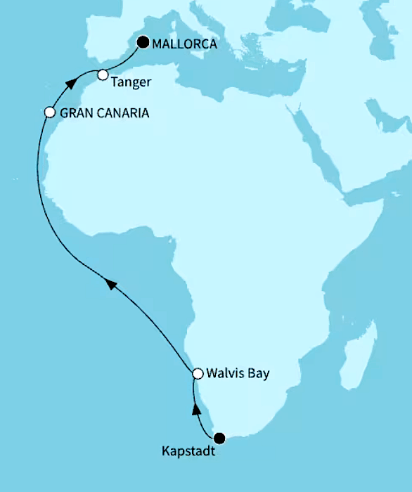Transozean ab Kapstadt bis Palma, Mein Schiff Flow vom 30.04.2027 bis 20.05.2027